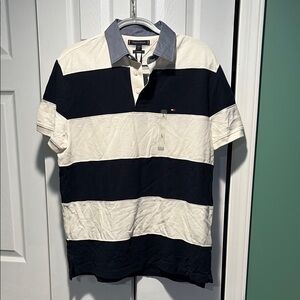 Tommy Hilfiger Men's Polo with Navy and Cream Stripes